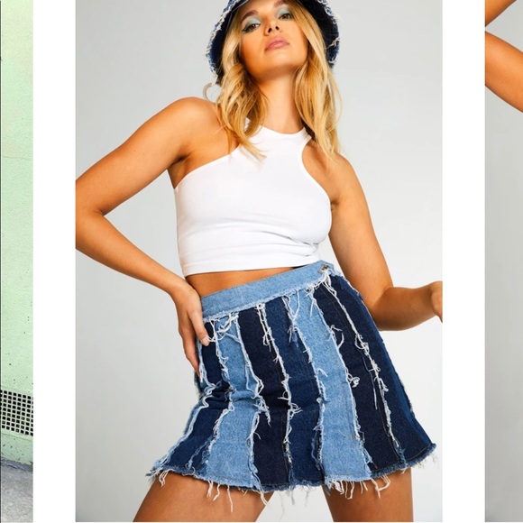 Frayed Patchwork Denim Pleated Mini 